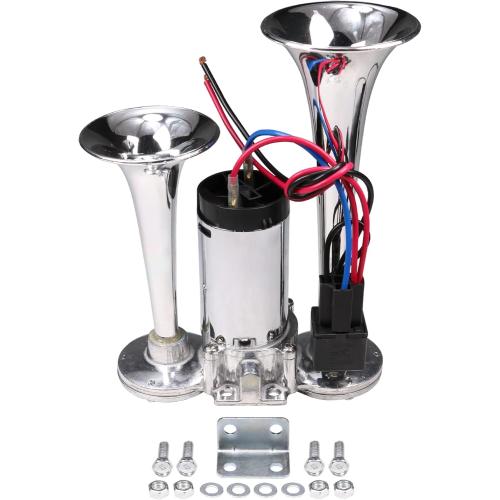 JDMSPEED New 12V 150DB Dual Trumpets Electric Horn Super Loud Air Horn Car Horns Kit With Compressor Replacement For Truck Boat Train Speaker Cars Van Ship Chrome