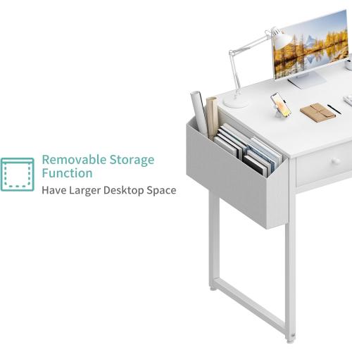 Small White Computer Desk with Fabric Drawers for Home Office Bedroom, 40 Inch Vanity Desk with Drawer Storage and Side Pouch, Study Writing Table, White
