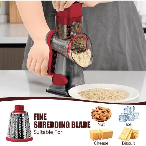 KEOUKE Rotary Cheese Grater Pro 6 in 1 - Shredder Crinkle Slicer Grinder Ice Shaver, Stable Suction, Time-saving Easy Use & Clean, Safe Morden Kitchen Tool for Cheese, Vegetable, Nuts, Chocolate