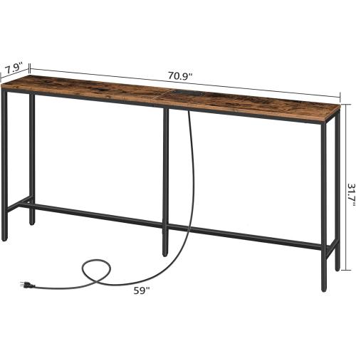 Size 70.9'' Console Table with Power Outlet, Narrow Sofa Table, Industrial Entryway Table with USB Ports, Behind Couch for Entryway, Hallway, Foyer, Living Room, Rustic Brown CTHR18E01Z1