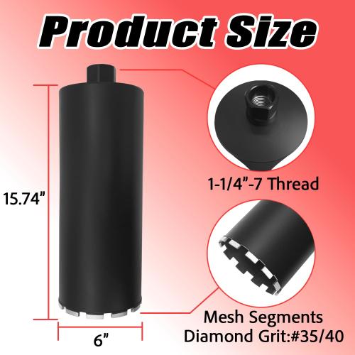 6 Diamond Concrete Core Drill Bit, 1-1/4-7 Thread Laser Welded Core Bit, 17-3/4 Drilling Depth High-Performance Core Drill Bit for Concrete, Stone, Brick, Floors and Masonry Wall