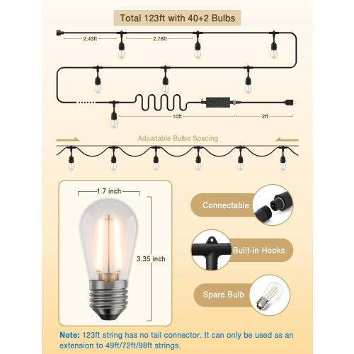 XMCOSY  Smart Outdoor String Lights, 123Ft LED Patio Lights Waterproof IP65, App Control, Compatible with Alexa, Dimmable Edison Bulbs Outdoor Light for Yard Porch Bistro Outside