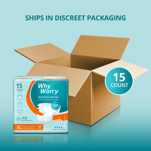WhyWorry Adult Diapers with Tabs, Disposable Incontinence Briefs for Women & Men with Maximum Absorbency, Adult Briefs for Incontinence Overnight, Odor Control, Unisex, XLarge, 15 Count