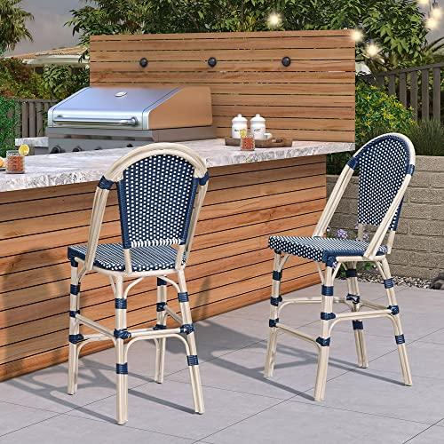 PURPLE LEAF French Counter Height Bar Stool Set of 2 25 White Print Finish Patio Bar Chairs with Back Rattan Bar Chairs French Bistro Set for Kitchen Outdoor Counter Stool Royal Blue