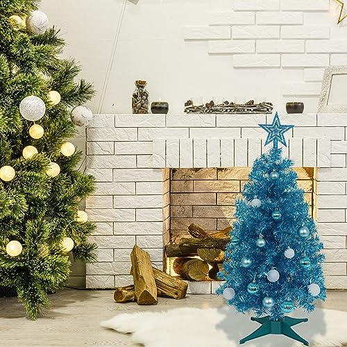 SUNSHINE DECOR Blue Christmas Tree with Light 3ft Artifical Full Christmas Tree with Ball & Star Ornaments 8 Lighting Modes for Holiday Decor