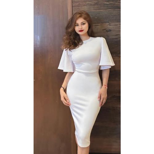 L Memoriesea Women's Basic Bodycon Ruffle Flared Short Sleeve Pencil Midi Dress