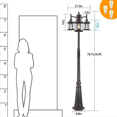 Dusk Dawn Bronze Outdoor Lamp Post Light with GFCI Outlet, Triple Head Aluminum Street Light Post for Outside with Sensor, Waterproof Birdcage Pole Lighting Fixture for Backyard Garden Patio Driveway