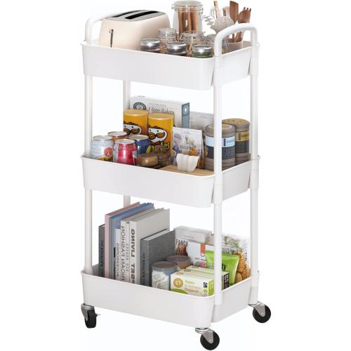 Sywhitta 3-Tier Plastic Rolling Utility Cart with Handle, Multi-Functional Storage Trolley for Office, Living Room, Kitchen, Movable Storage Organizer with Wheels, White