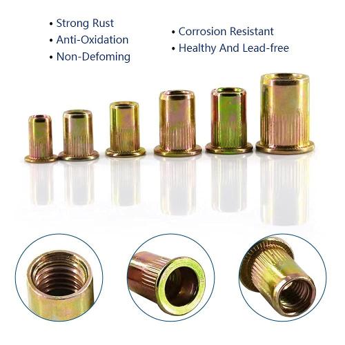 1/4-20 Rivet Nuts, Carbon Steel UNC Rivet Nut Set, Flat Head Threaded Rivets Nut Inserts for Metal(1/4-20)
