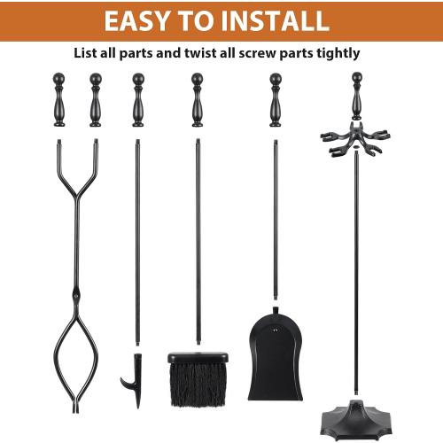 5 Pieces Fireplace Tools Sets Indoor Outdoor Wrought Iron Large Fire Place Set Tools, Fire Pit Tools with Poker Shovel Tongs Brush and Stand, Black