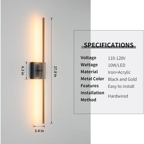 BRASS Modern Light Fixture Set of Two 27.8x4.3x3.4in Black and Brass Gold Sconces 1200Lm LED Wall Lights for Bathroom, Living Room, Corridor