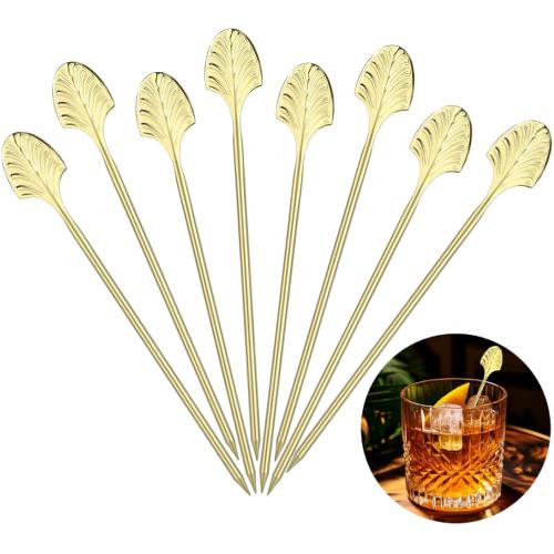 Chengu 8 Pcs Gold Art Deco Cocktail Picks 5 Inch Stainless Steel Cocktail Skewers for Drinks Martini Sticks for Barware Accessories, Dinner Party, Movie Night