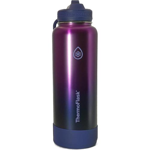 ThermoFlask 40 oz Bottle with Spout and Straw Lid - Stainless Steel, Double-Wall Insulation & BPA-Free - Leakproof, Resuable - Forest Green/Purple Sunset (2 Pack)