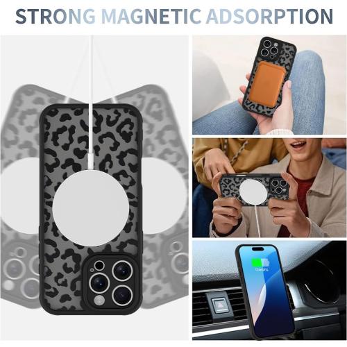 AIGOMARA Magnetic Case for iPhone 16 Pro, Black Leopard Pattern Design | [Compatible with MagSafe] Soft TPU Bumper Hard PC Back Anti-Fall Shockproof Protective Slim Cover for Women Girls Men