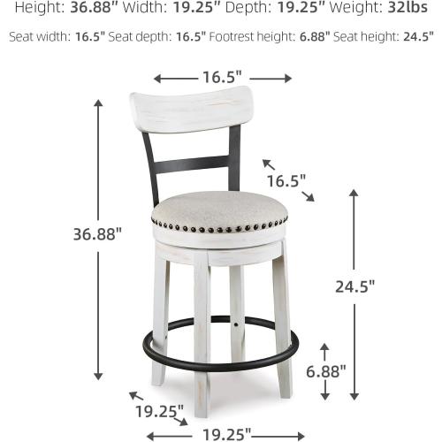 Signature Design by Ashley Valebeck | Modern Swivel 24.5 Counter Height Barstool – Rustic-Industrial Whitewash, Upholstered Cushion, 360° Swivel, Nailhead Trim