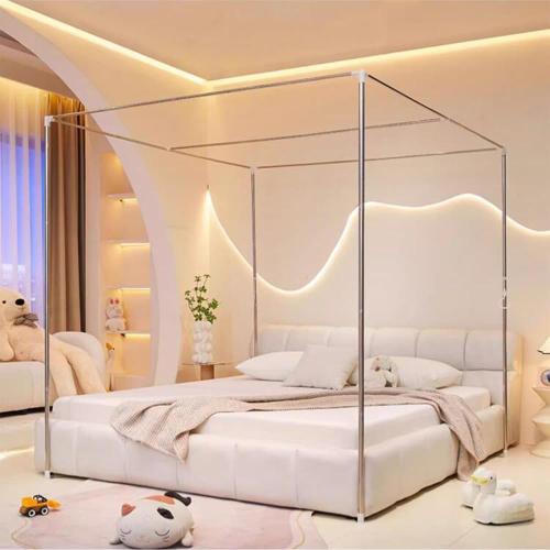 Silver Mengersi Canopy Bed Frame Post Queen Size,Stainless Steel Canopy Frame Poles Four Corner Bed Bracket Fit for Metal/Wood Bed Bedroom Decor