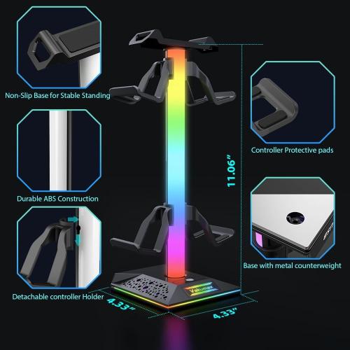 Headset and Controller Stand for Desk with Charging Hub - 2 USB   USB-C Ports, RGB Gaming Headphone Holder with 10 Color Modes, Desk Organizer for Earphone Support, PC Gamer Accessory Gift