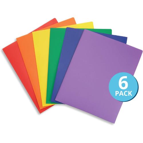 Blue Summit Supplies 6 Pack Multicolor Two Pocket Plastic Folders with Pockets, Heavy Duty Colored 2 Pocket Plastic Folders for School, and Business Card Slot, Home, and Work