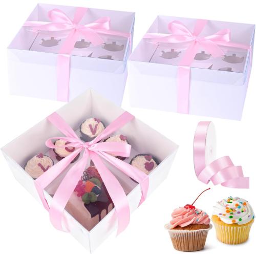 6 Packs 1 5 bento cake box with cupcakes,full clear lid,1 small Cake and 5 Cupcakes Box,Pink ribbon and Stickers for Family Birthday Party Mother's day (Pink ribbon)