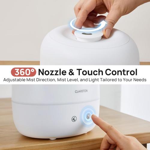 Clarston 2L Cool Mist Humidifier for Bedroom with 360° Adjustable Nozzle, High and Low Mist Levels, Ultra-Low Noise, Light-Off, No BPA, Auto Shut Off, Ideal Baby Humidifier with Easy Top Filling