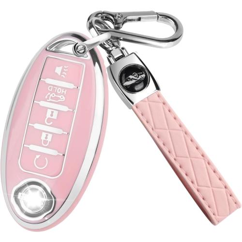 QBUC for Nissan Key fob Cover,Soft TPU 360°Car Key Case Protector with Keychain Compatible with Altima Sentra Rogue Pathfinder Murano Armada Maxima Versa ect 5 Buttons Smart Keys(Pink)