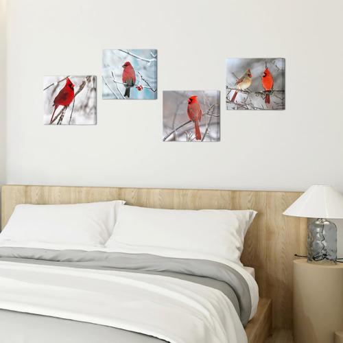 sechars - 4 Piece Modern Canvas Painting Wall Art Birds Red Cardinal on Snowy Branch Pictures Print for Living Room Decor Winter Landscape Poster Christmas Gift Gallery Wrap Ready to Hang