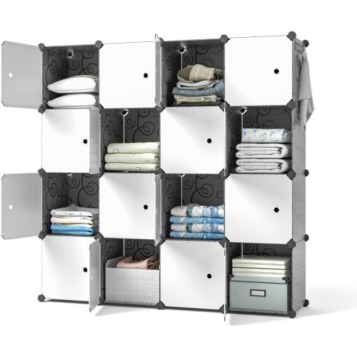 Closet Organizer, 16-Cube Storage with Doors, Portable Closet Storage System, Clothes Organizer Shelf for Bedroom, Wardrobe, Black, White
