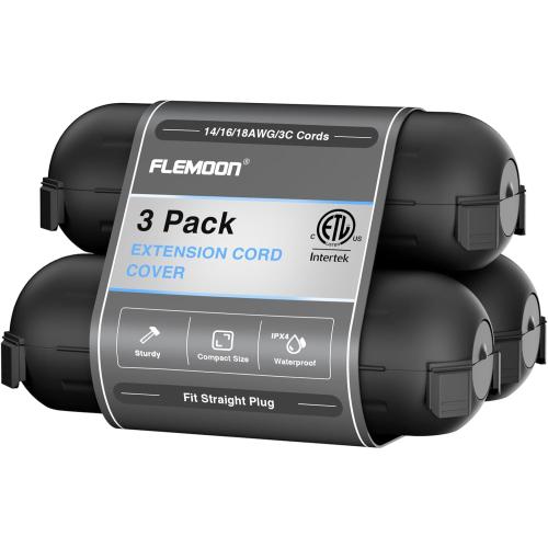 Flemoon [3 Pack] Outdoor Extension Cord Safety Cover with Waterproof Seal, Weatherproof Electrical Connection Box to Protect Outdoor Outlet, Plug, Socket, Christmas Holiday Decoration Light, Black