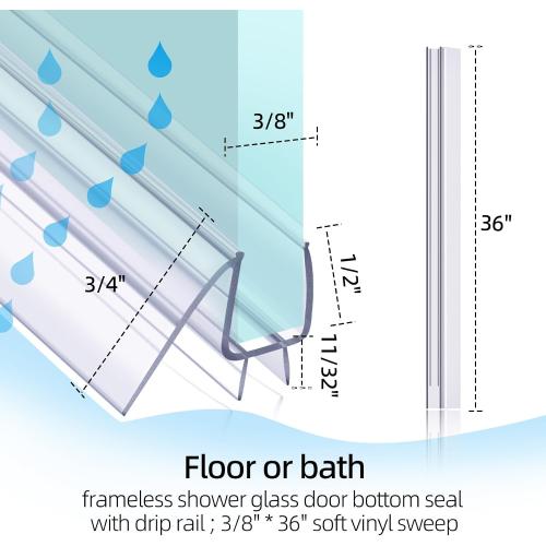 POZIA Shower Door Bottom Seal Frameless Glass Shower Door Seal Strip Clear Vinyl Durable Stop Shower Leaks and Create a Water Barrier Ultra Clear (1PACK-3/8in)