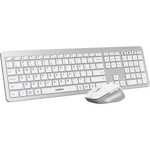 seenda Bluetooth Keyboard and Mouse, Wireless Keyboard Mouse Combo 2.4G Dual Bluetooth Multi-Device Connection Full Size Ultra-Slim Keyboard with Number Pad for Windows/Mac,White & Silver