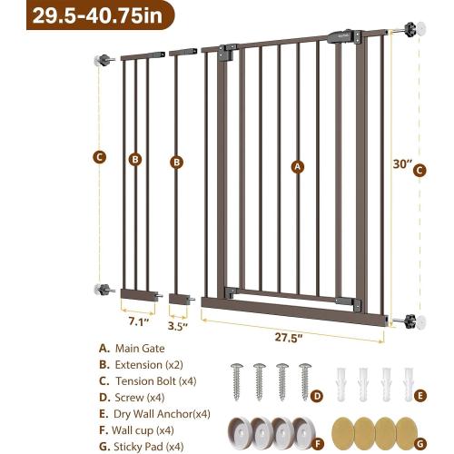 InnoTruth 29.5–40.75 Baby Gate for Stairs, 30 Tall Dog Gates for Doorways & Hallways, Safety Gate for Kids & Pets, Pressure-Mounted Walk-Through with Dual Lock & 2-Way Swing, Brown