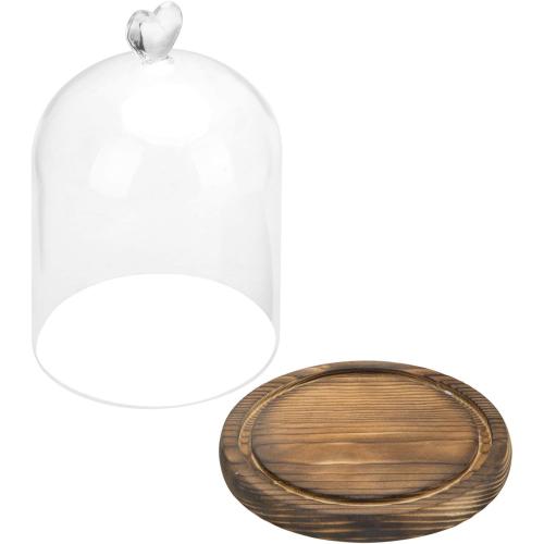 MyGift 6 Inch Small Clear Glass Cloche Bell Jar Display Case with Heart Top Handle and Dark Brown Wooden Base (5.6 x 7.6)