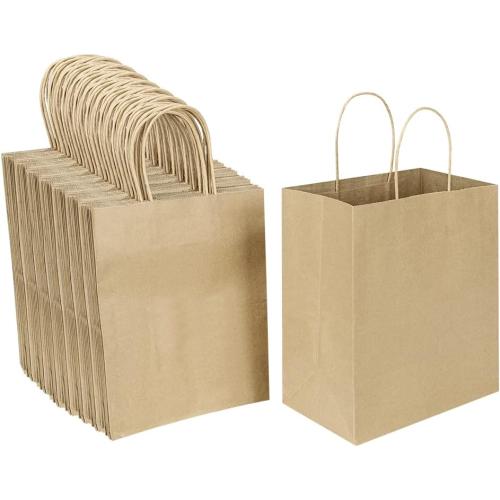 Oikss 100 Pack 8x4.75x10 Inch Medium Brown Kraft Paper Bags with Handles Bulk for Wedding Birthday Party Favors Grocery Retail Shopping Business Goody Craft Gift Bags Sacks (Plain Natural 100 Count)