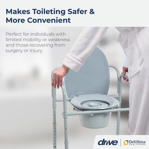 Drive Medical Folding Steel Bedside Commode Chair - 3-in-1 Portable Toilet - Adjustable Height - 350 Lb Weight Capacity - 7.5 Qt Bucket - Adult Commode - Grey‼️light dirt and good condition‼️
