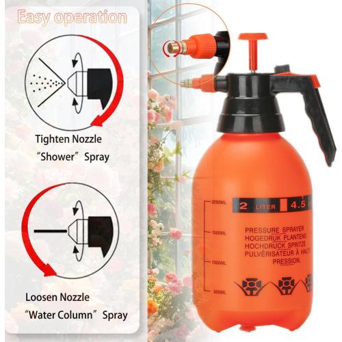 2 Pack Pump sprayers in Lawn and Garden, 2L Handheld Garden Pump Sprayer 0.5 Gallon Water Mist Spray Bottle for Plants, Weed Sprayer with Adjustable Brass Nozzle (2L Orange)