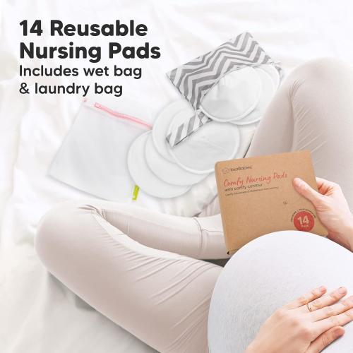 Organic Nursing Pads - 14 Washable Viscose Derived from Bamboo Breastfeeding Pads, Wash Bag, Reusable Breast Pads for Breastfeeding, Nipple Pads for Breastfeeding Essentials(Soft White, L 4.8)