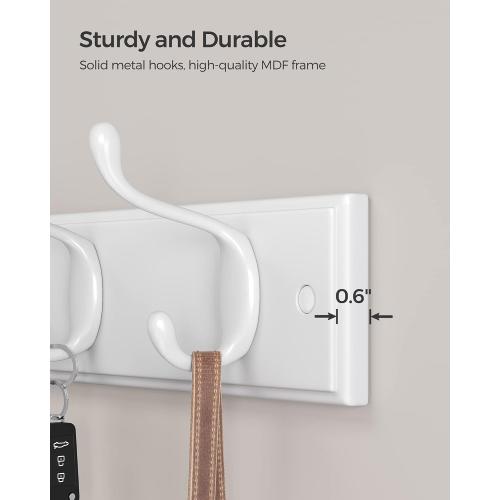 SONGMICS Wall-Mounted Coat Rack, Hook Rack, 4 Dual Metal Hooks, for Coats, Bags, Keys, in the Entryway, Bedroom, Living Room, White ULHR23WT
