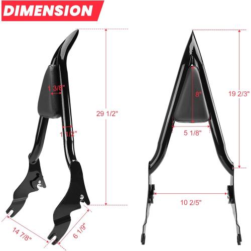 09-25 One-Piece Passenger Backetst Sissy Bar Fits Harley Street Glide Road Glide Electra Glide Road King Electra Models, Gloss black