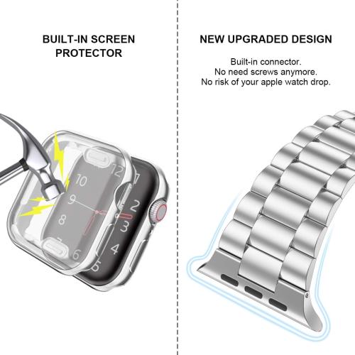 iiteeology Compatible with Apple Watch Bands 44mm Series 6 5 4 Se, Upgraded Stainless Steel Band with iWatch Screen Protector Case for Men Women Silver/Silver
