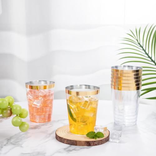 I00000 100PCS Gold Plastic Cups,10 oz Clear Plastic Cups with Gold Trim, Beer Mugs，Disposable Hard Cup For Party, Premium Cup Perfect for Wedding & Party