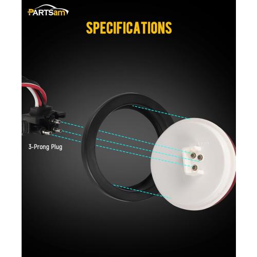 Partsam 6Pcs 4 Inch Round LED Trailer Tail Lights Kit - Round Led Stop Turn Tail Back-up Reverse Fog Lights 12 LED Include Lights Grommet 3-Prong Wire Pigtails for Truck Trailer RV(4 Red   2 White)