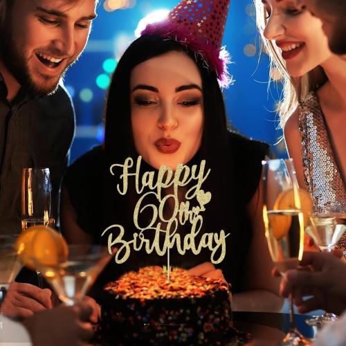 60th Handmade Glitter happy birthday Cake Topper, Cheers to 60th birthday Cake Bunting Decor,Party Decoration Supplies (Gold)