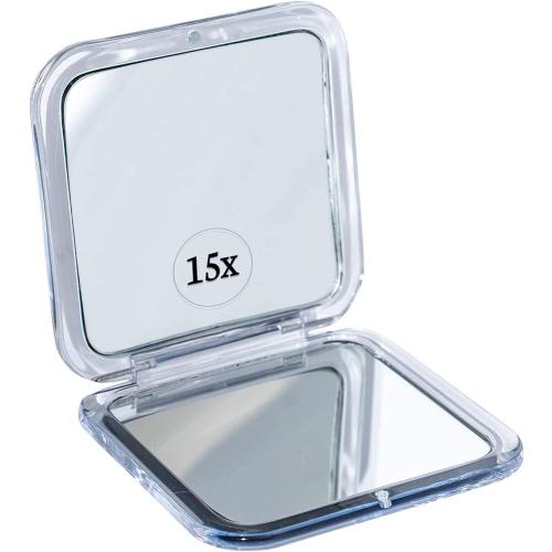 Small Compact 15X Magnifying Mirror for Travel - Handheld, Foldable & Lightweight - Mini Pocket-Sized Magnified Mirror for Purse - Square 3.3” x 3.3”
