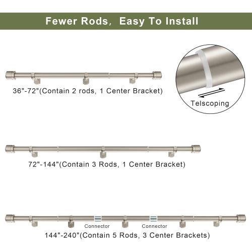 1 1/8 Inch Diameter Curtain Rods 36 to 72 Inches(3-6ft), Telescoping Heavy Duty Large Drapery Rod with Adjustable Aluminum Alloy Bracket, Solid End Caps for Windows Patio Decoration, Brushed Nickel