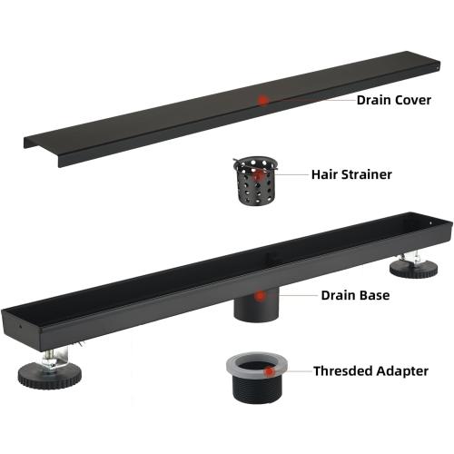BLACK Linear Shower Drain with Tile Insert Panels, 24 Inch Black 304 Stainless Steel Rectangle Shower Floor Drain, with Hair Catcher, Adjustable Feet, Fits Bathroom, Balcony