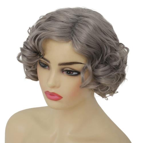 Grey Short Curly Wig for Women Finger Wave Wigs Natural Heat Resistant Synthetic Hair for Daily Costume Party Halloween Wig