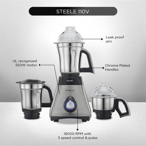 Preethi Steele Mixer Grinder with Turbo Vent and Improved Couplers