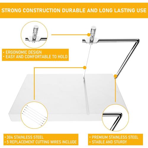 TOPULORS Cheese Slicer with 5 Replacement Upgrade Thick Cutting Wires - Heavy Duty 5x8 Handheld Marble Board Cutter for Block Cheese, Butter - Kitchen Gadget Slicers Tool - White