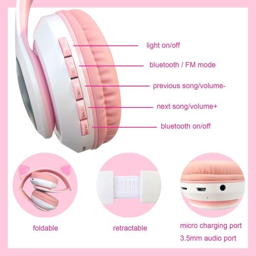 Wireless Headphones for Kids, Cat Ear LED Light Up Bluetooth Kids Headphones with Microphone for School/Travel/Sports/Gaming/Gifts/Christmas (Pink)
