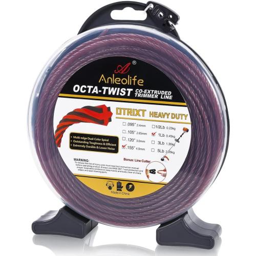 A ANLEOLIFE 1-Pound Heavy Duty Octa-Twist .155-Inch-by-126-ft Trimmer Line Donut,OTRIXT Co-Extruded Multi-Edge Spiral Weed Eater String, Red